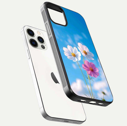 Triple Flowers With Sky Glass Case for iPhone 12 Pro floating dual-view mockup displaying gloss and soft hues