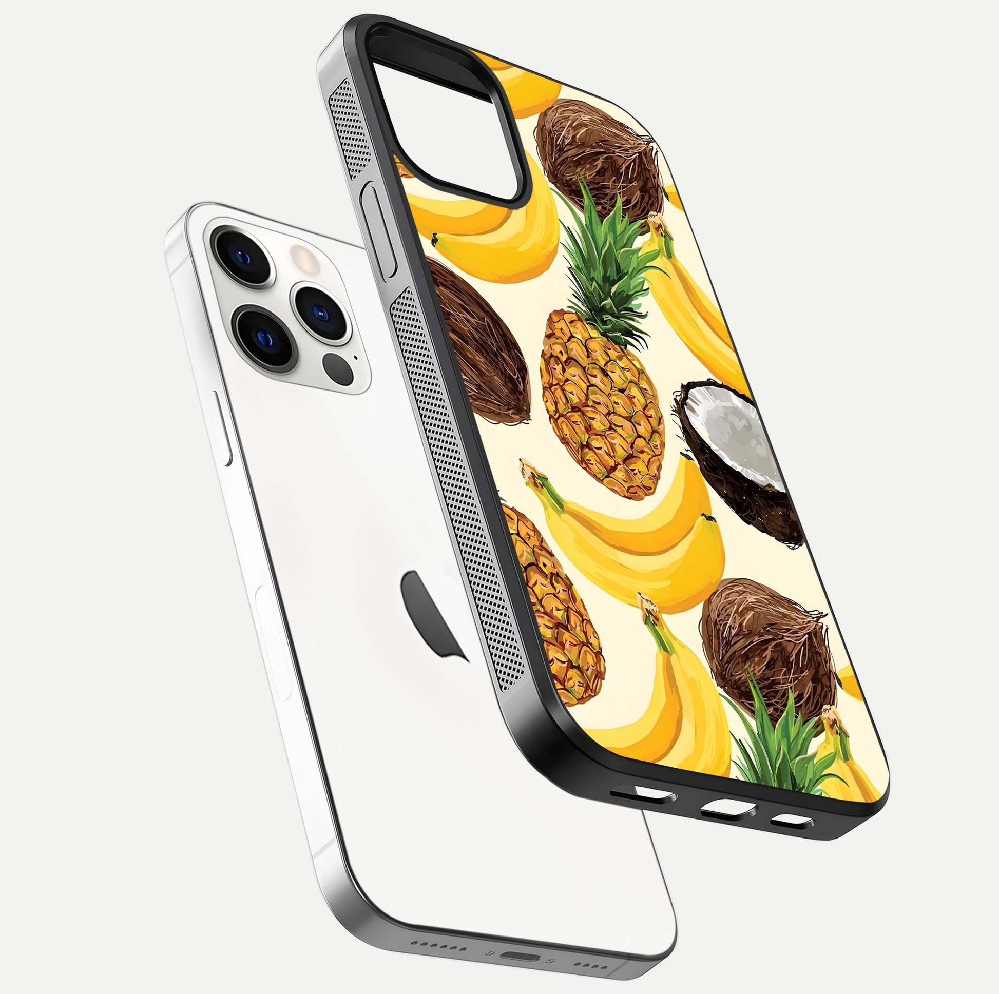 Tropical Fruit Mood Glass Case for iPhone 12 Pro floating dual-view mockup displaying gloss and vibrant colors
