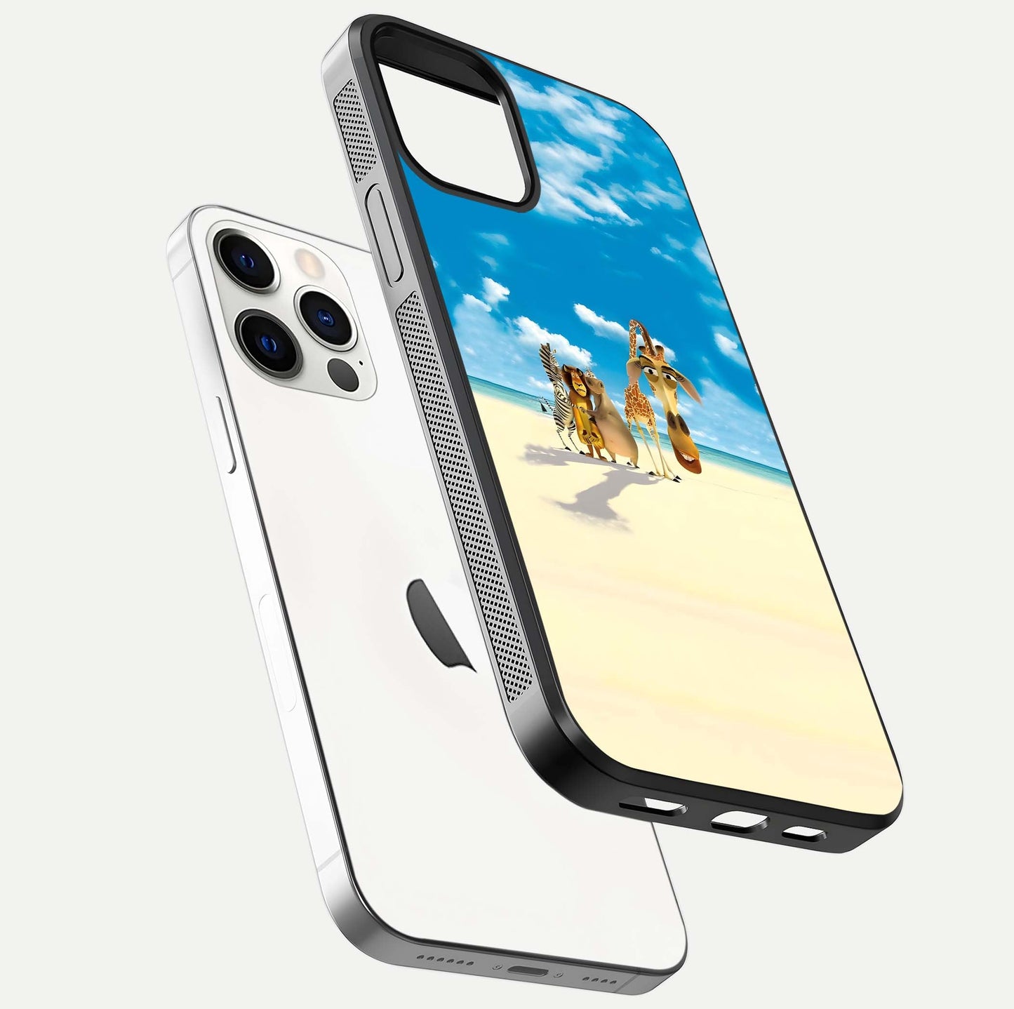 Tropical Fun Squad Glass Case for iPhone 12 Pro floating dual-view mockup displaying gloss reflection and contrast