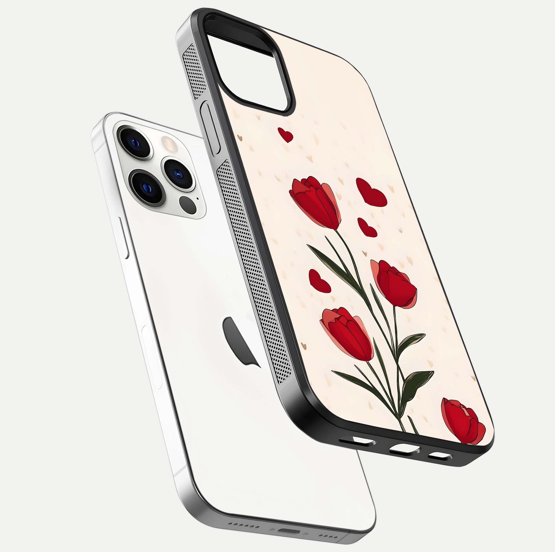 Tulip With Heart Glass Case for iPhone 12 Pro floating dual-view mockup displaying gloss texture and shine