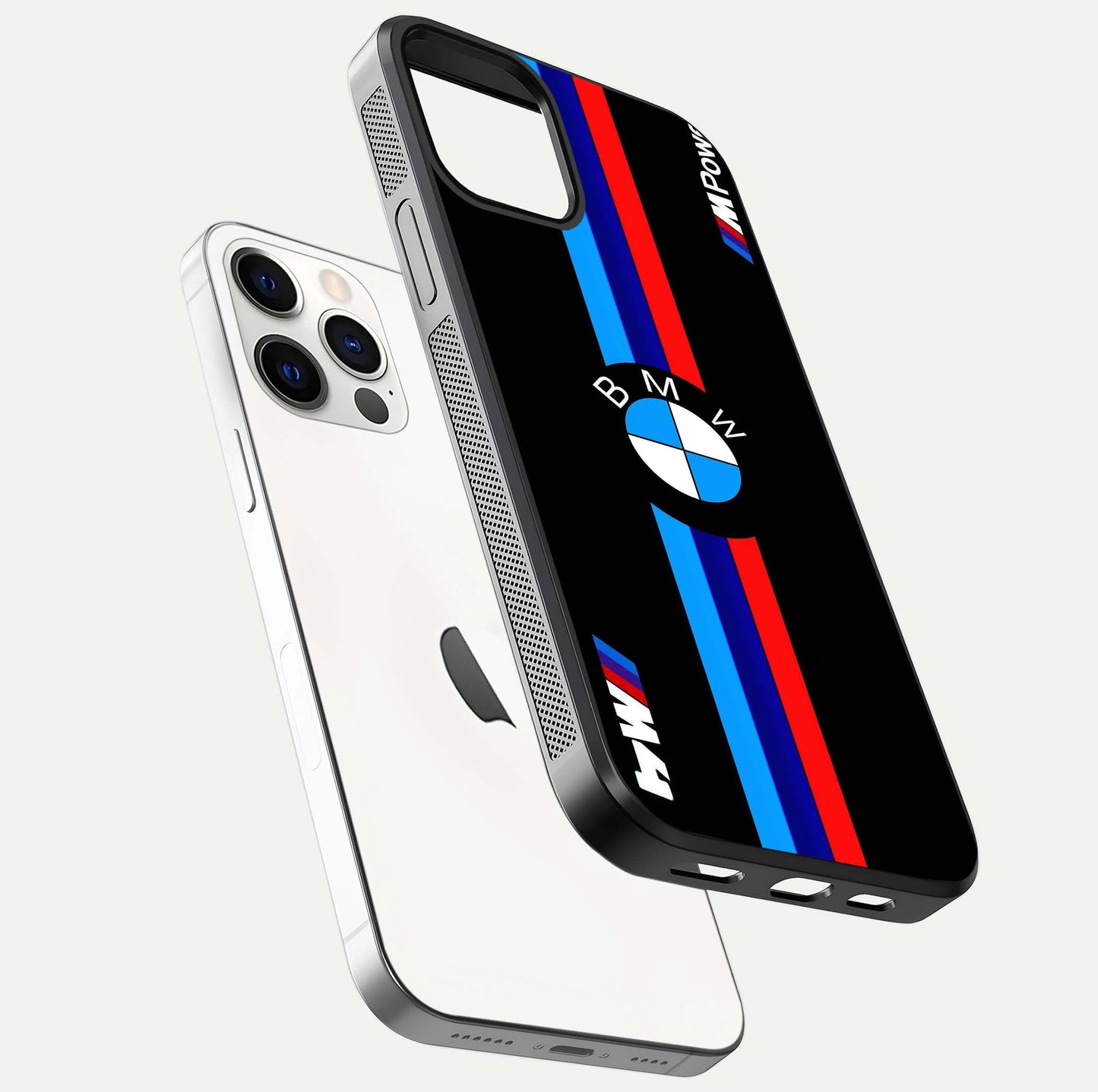 Turbo BMW Beast Glass Case for iPhone 12 Pro floating dual-view mockup displaying gloss texture and vivid print