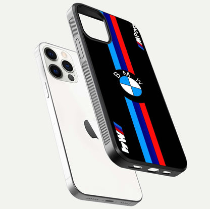 Turbo BMW Beast Glass Case for iPhone 12 Pro floating dual-view mockup displaying gloss texture and vivid print