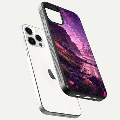 Twilight Blossom Coast Glass Case for iPhone 12 Pro floating dual-view mockup displaying gloss surface and detail