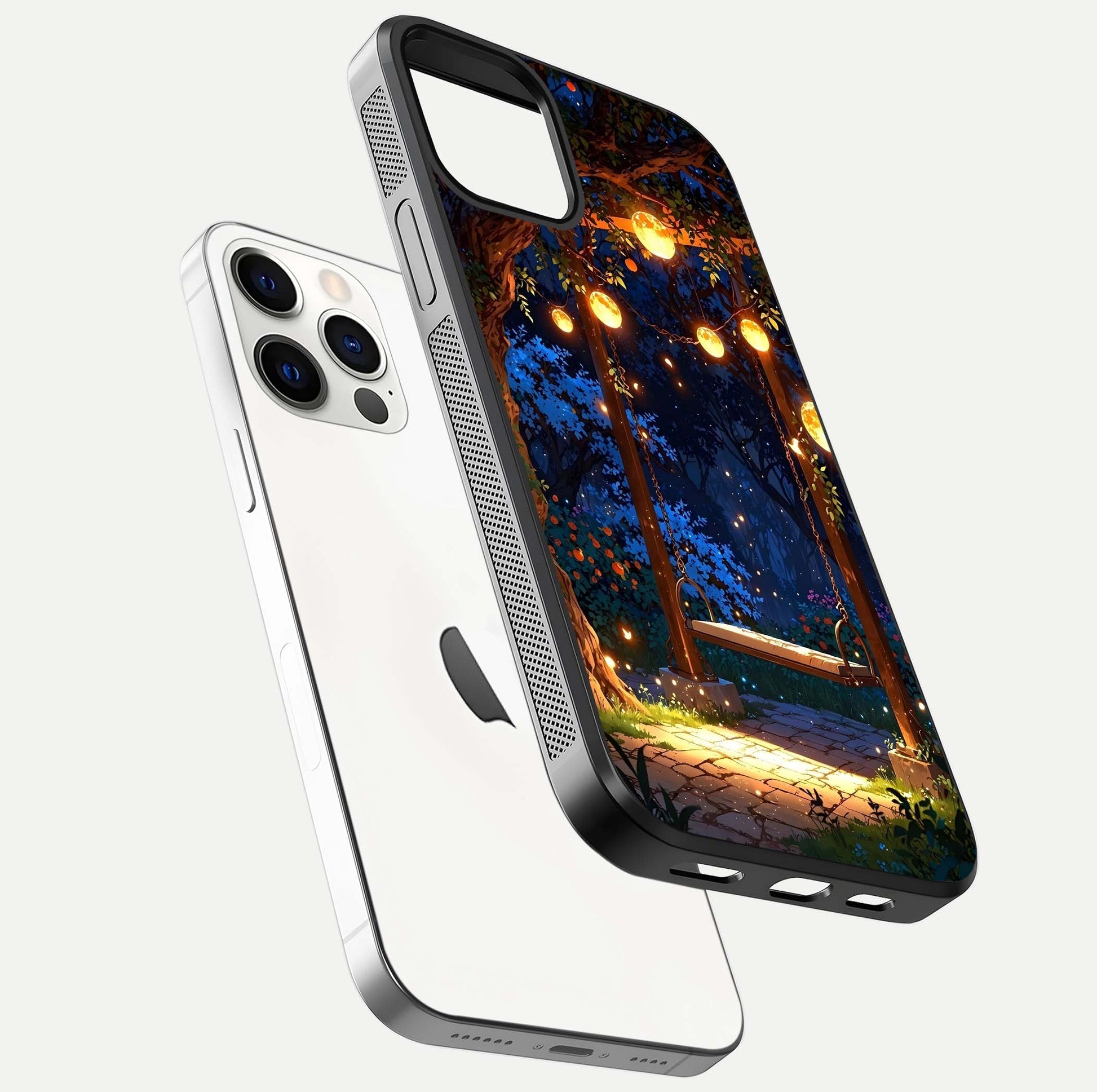 Twilight Garden Swing Glass Case for iPhone 12 Pro floating dual-view mockup displaying gloss and tone balance