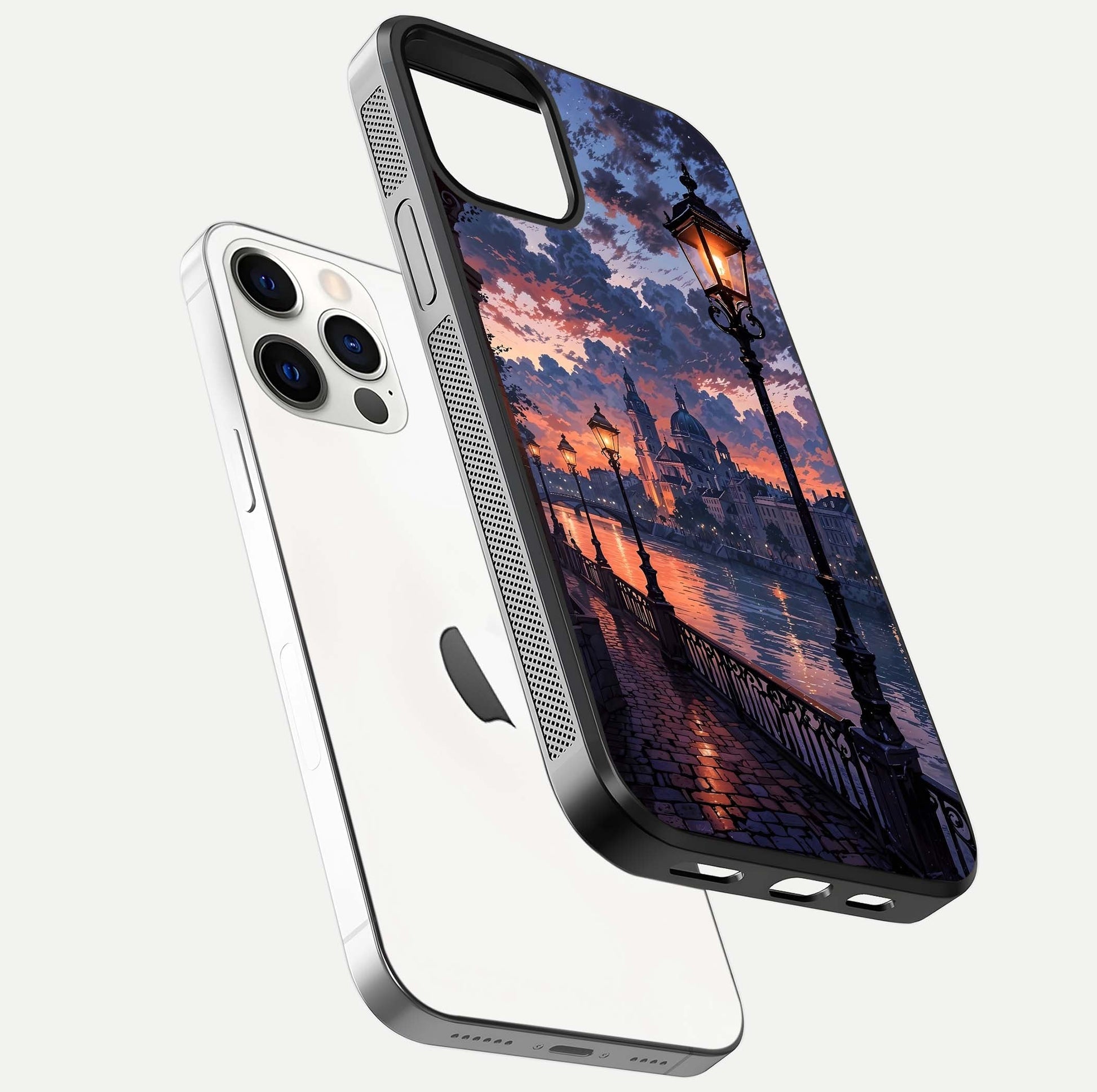 Twilight River Lights Glass Case for iPhone 12 Pro floating dual-view mockup displaying gloss shine and vivid details