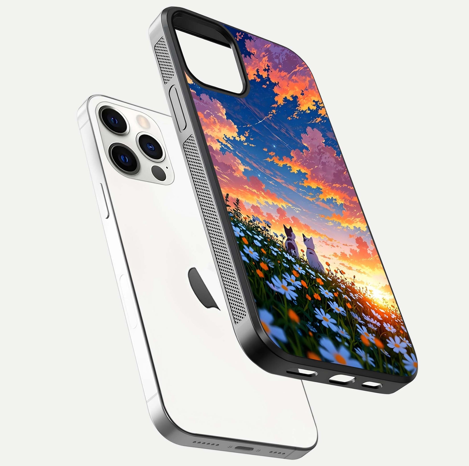 Two Cats Friends Glass Case for iPhone 12 Pro floating dual-view mockup displaying gloss surface and HD print