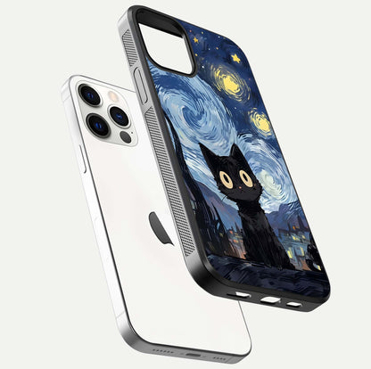 Van Gogh Cat Glass Case for iPhone 12 Pro floating dual-view mockup displaying gloss shine and artistic texture