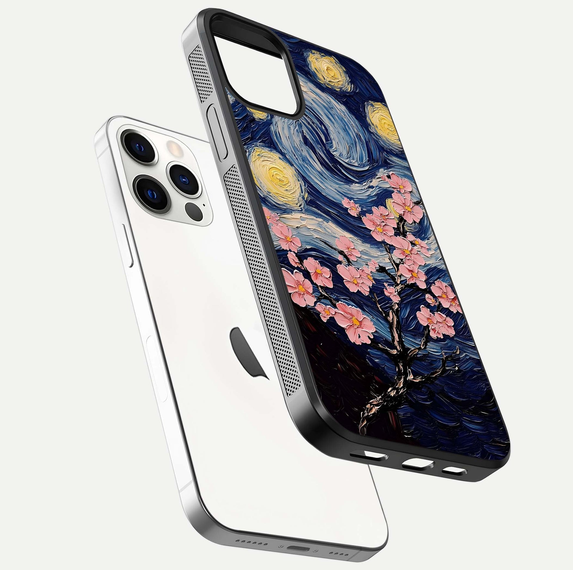 Van Gogh Scenery Glass Case for iPhone 12 Pro floating dual-view mockup displaying gloss reflection and HD quality