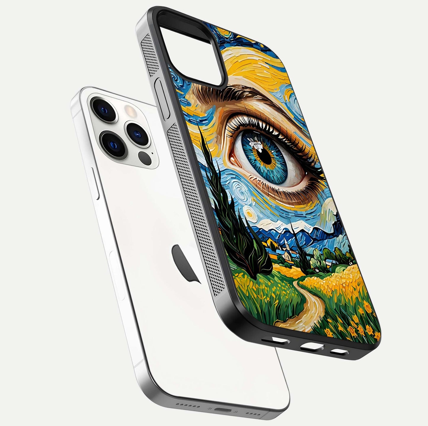 Van Gogh Eye Glass Case for iPhone 16 Pro floating dual-view mockup displaying gloss texture and depth