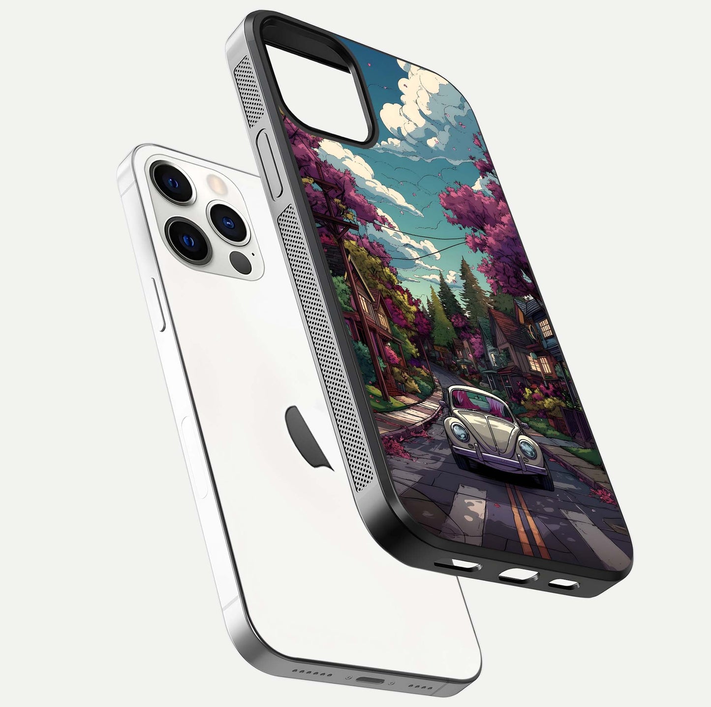 Vintage Street Drive Glass Case for iPhone 12 Pro floating dual-view mockup displaying gloss shine and texture