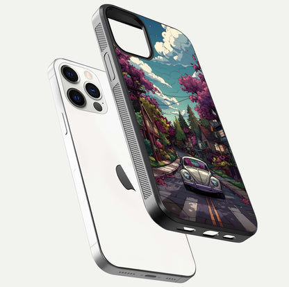 Vintage Street Drive Glass Case for iPhone 12 Pro floating dual-view mockup displaying gloss shine and texture
