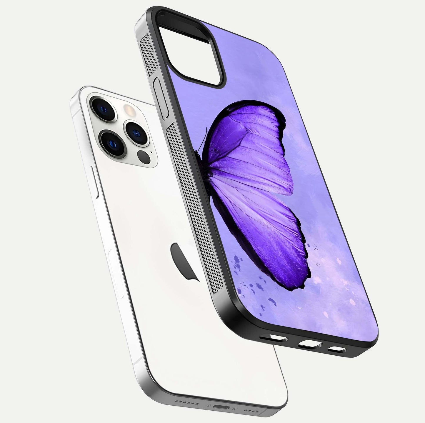 Violet Dream Wing Glass Case for iPhone 12 Pro floating dual-view mockup displaying gloss depth and clarity