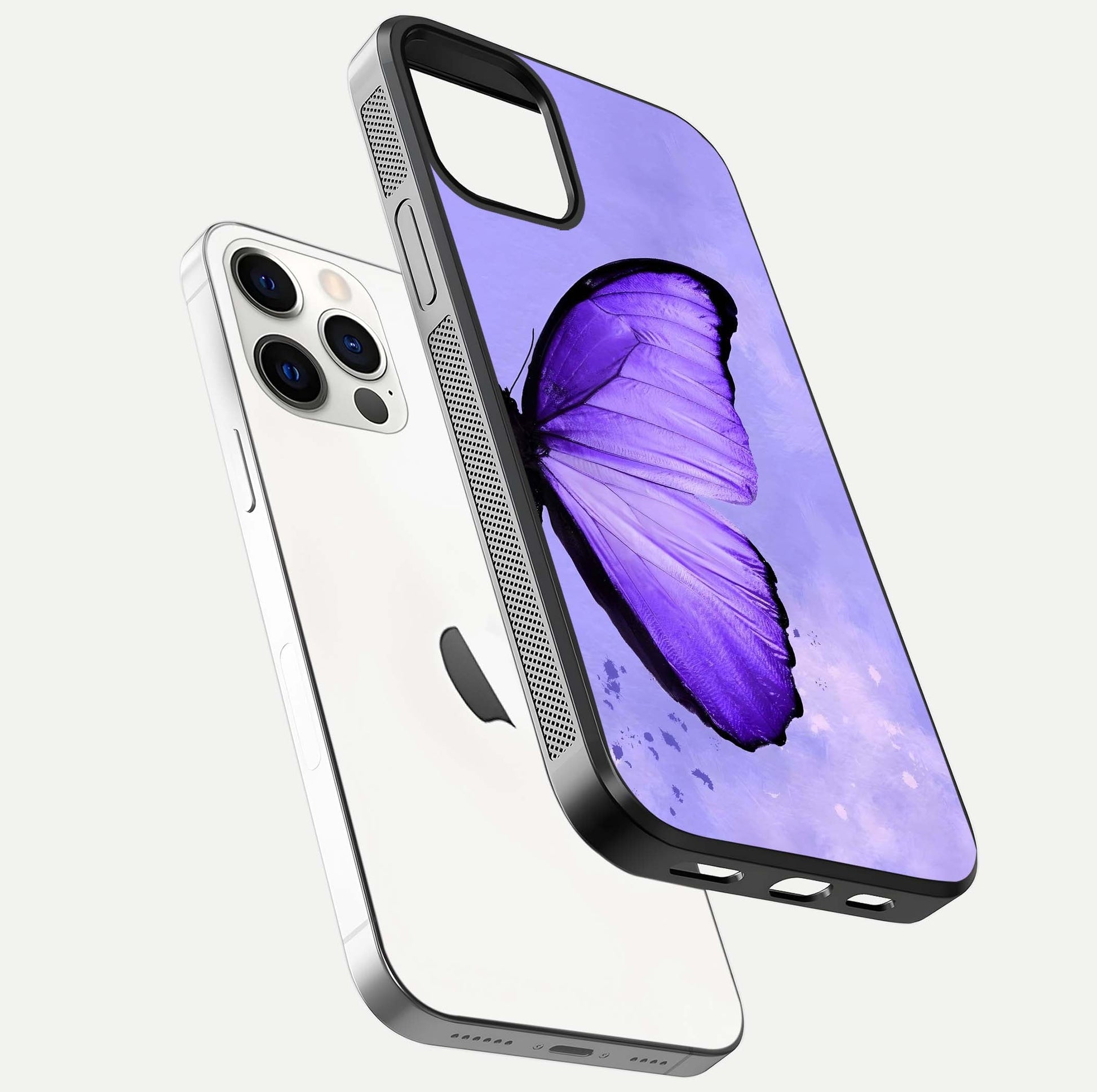 Violet Dream Wing Glass Case for iPhone 12 Pro floating dual-view mockup displaying gloss depth and clarity