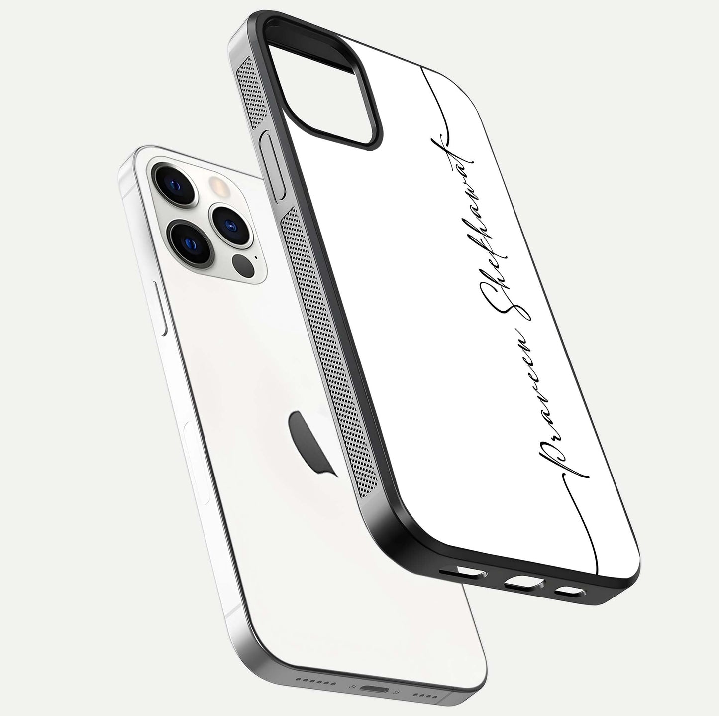 White Tune Custom Name Glass Case for iPhone 12 Mini floating dual-view mockup displaying gloss and HD detail
