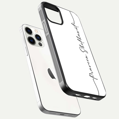 White Tune Custom Name Glass Case for iPhone 12 Mini floating dual-view mockup displaying gloss and HD detail
