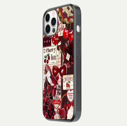Aesthetic Cherry Tea Glass Case for iPhone 16 Pro side-angle image showing cherry collage print, camera module, and glossy finish reflection