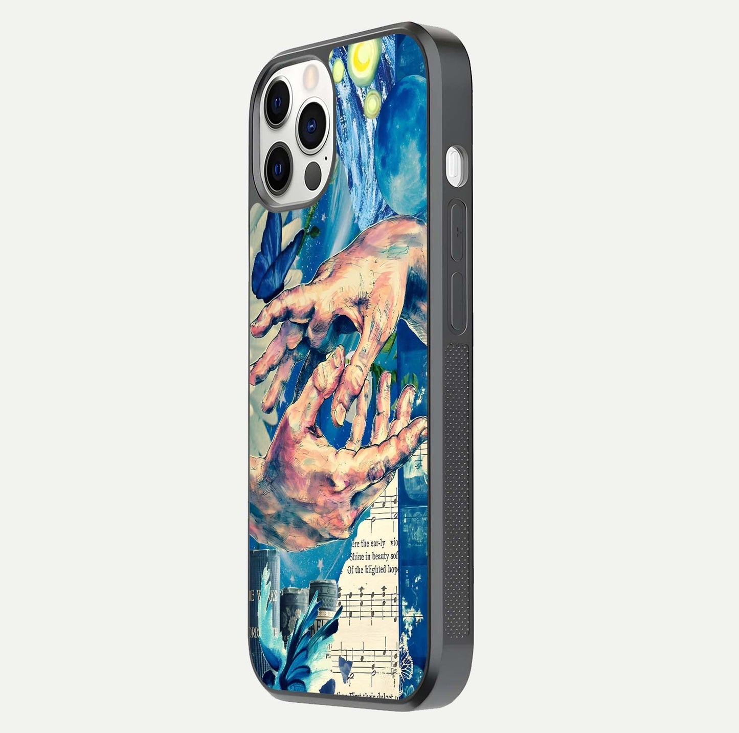 Aesthetic Divider Glass Case for iPhone 12 Mini side-angle image showing divider pattern print, camera module, and glossy finish reflection
