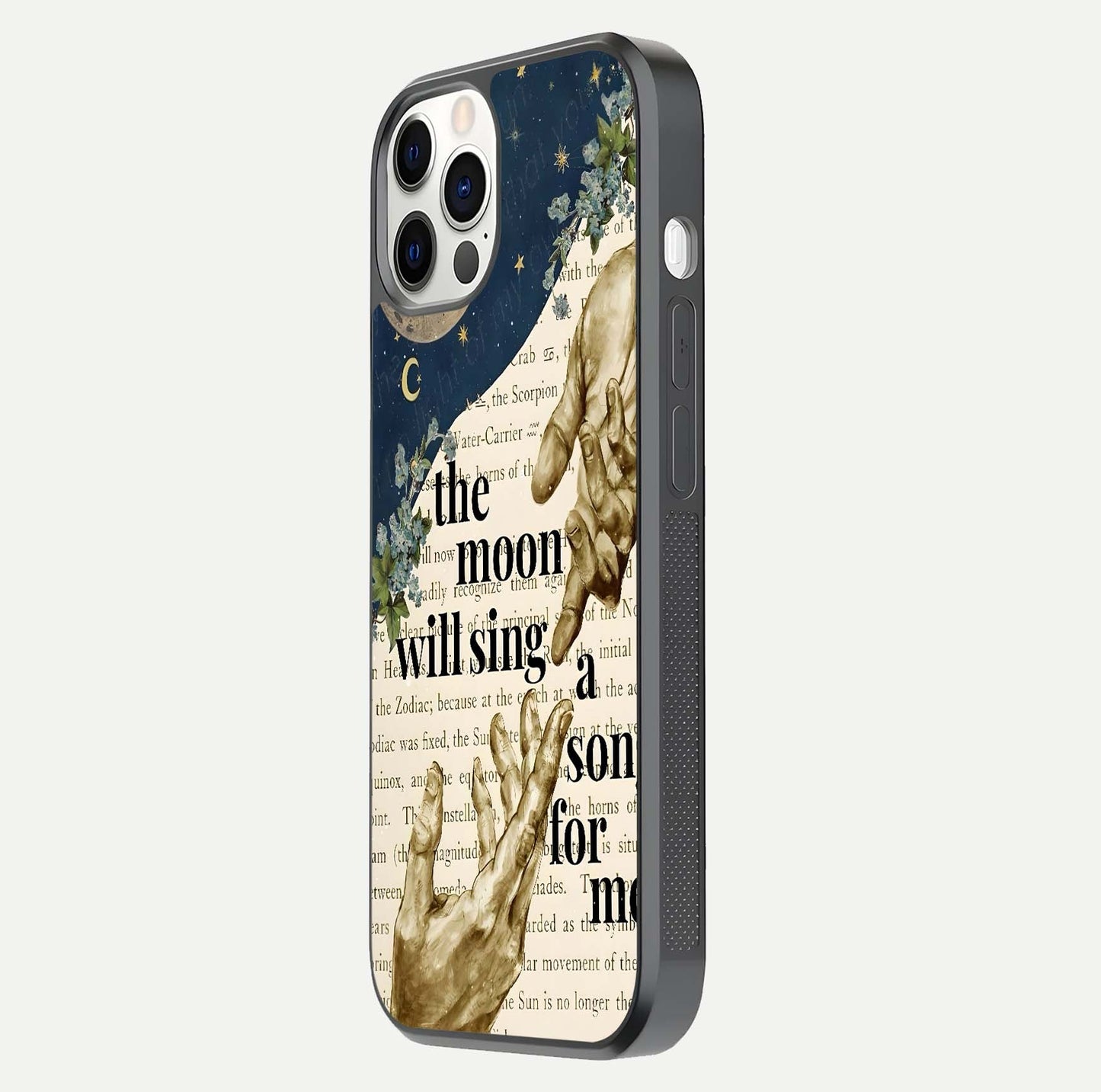 Aesthetic Divine Glass Case for iPhone 16 Pro side-angle image showing divine abstract design, camera module, and glossy finish reflection