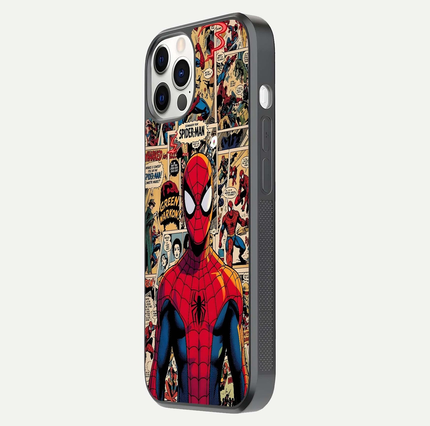 Aesthetic Spider Man Glass Case for iPhone 16 Pro side-angle image showing superhero comic print, camera module, and glossy finish reflection
