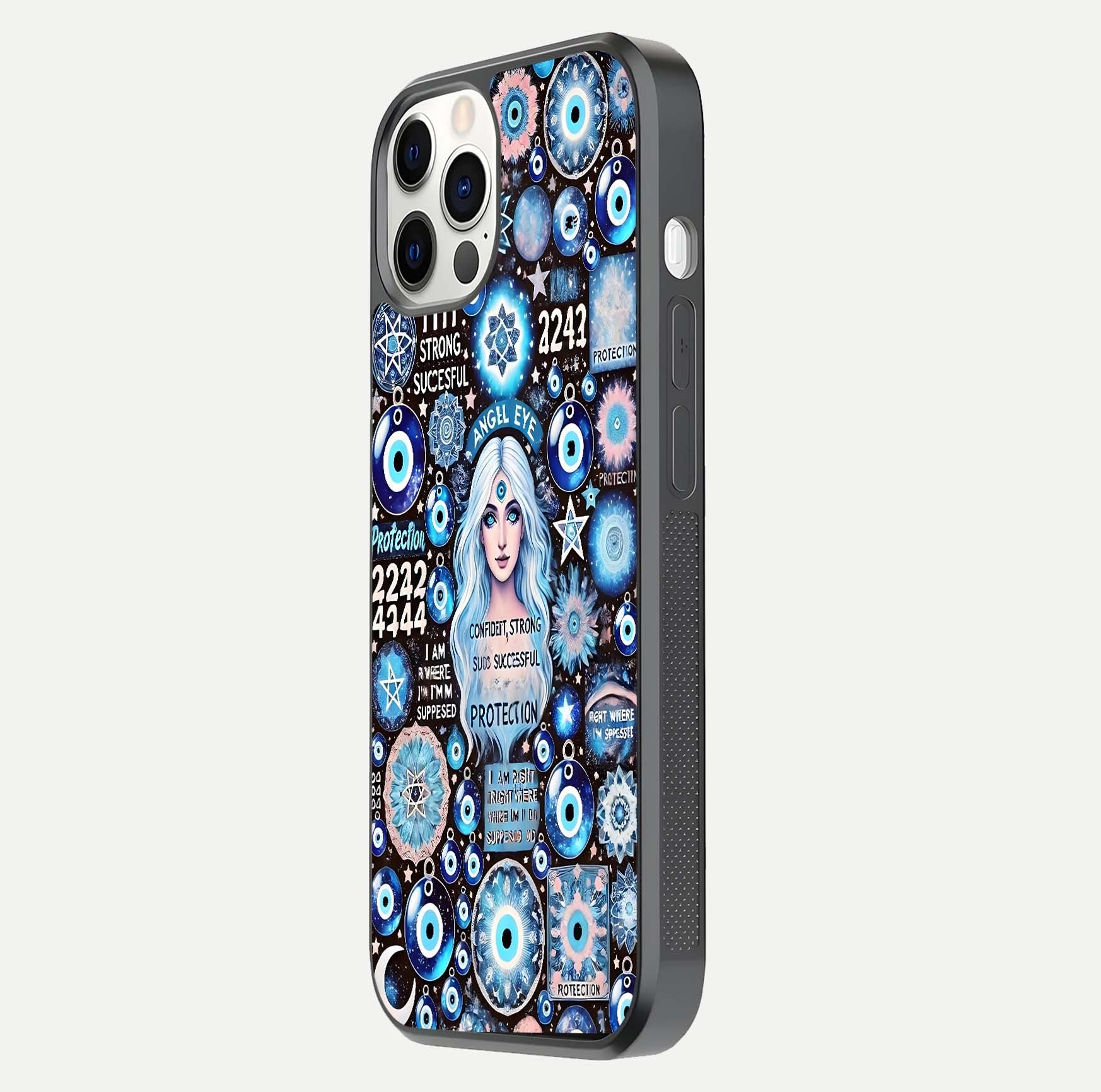 Angel Aura Shield Glass Case for iPhone 16 Pro side-angle photo showcasing aura details and glossy surface reflection