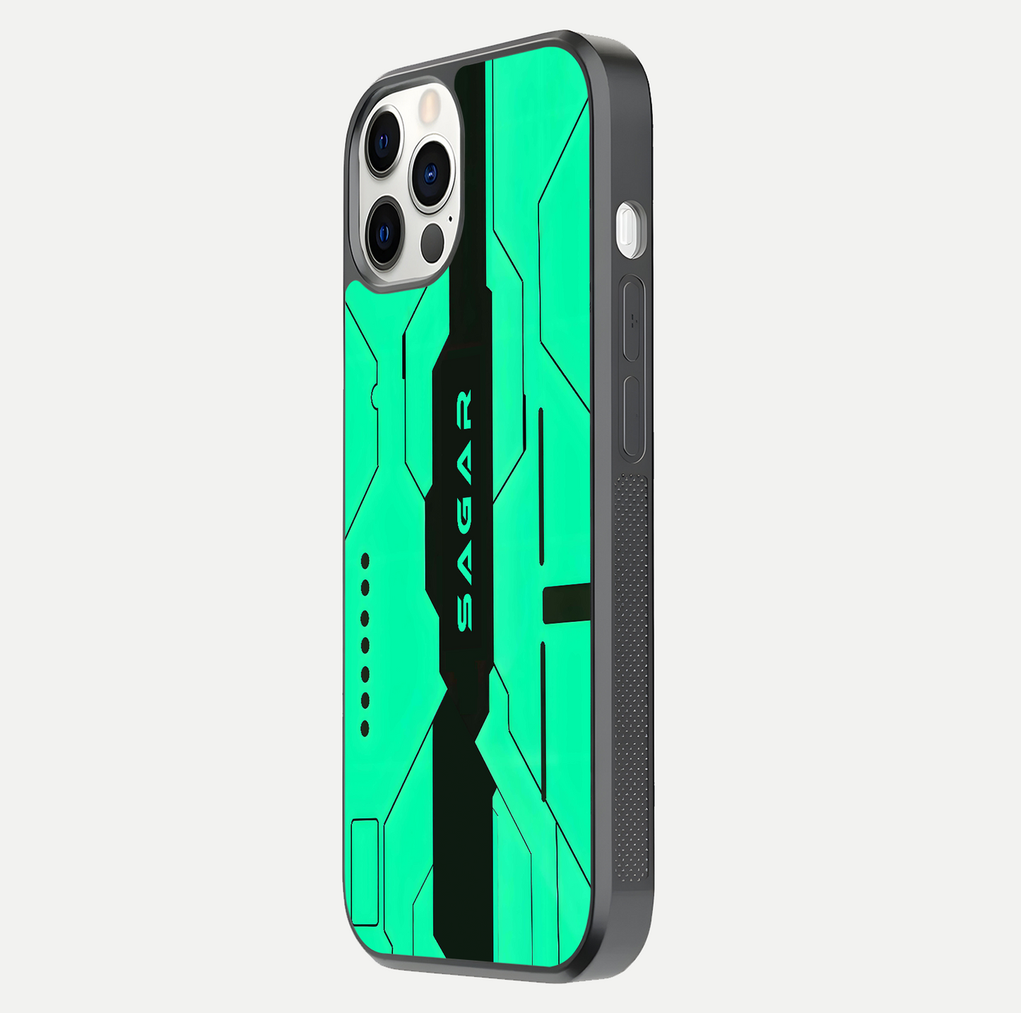 Aqua Tech CYBERPUNK Custom Name Glass Case for iPhone 16 Pro side-angle image with glowing edges and glossy surface
