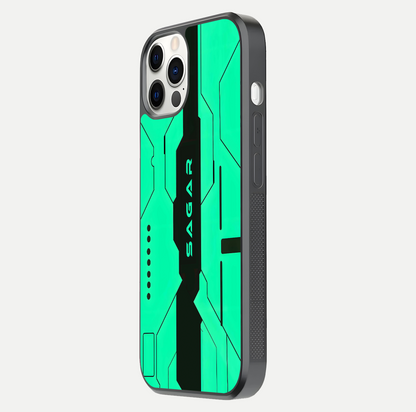 Aqua Tech CYBERPUNK Custom Name Glass Case for iPhone 16 Pro side-angle image with glowing edges and glossy surface