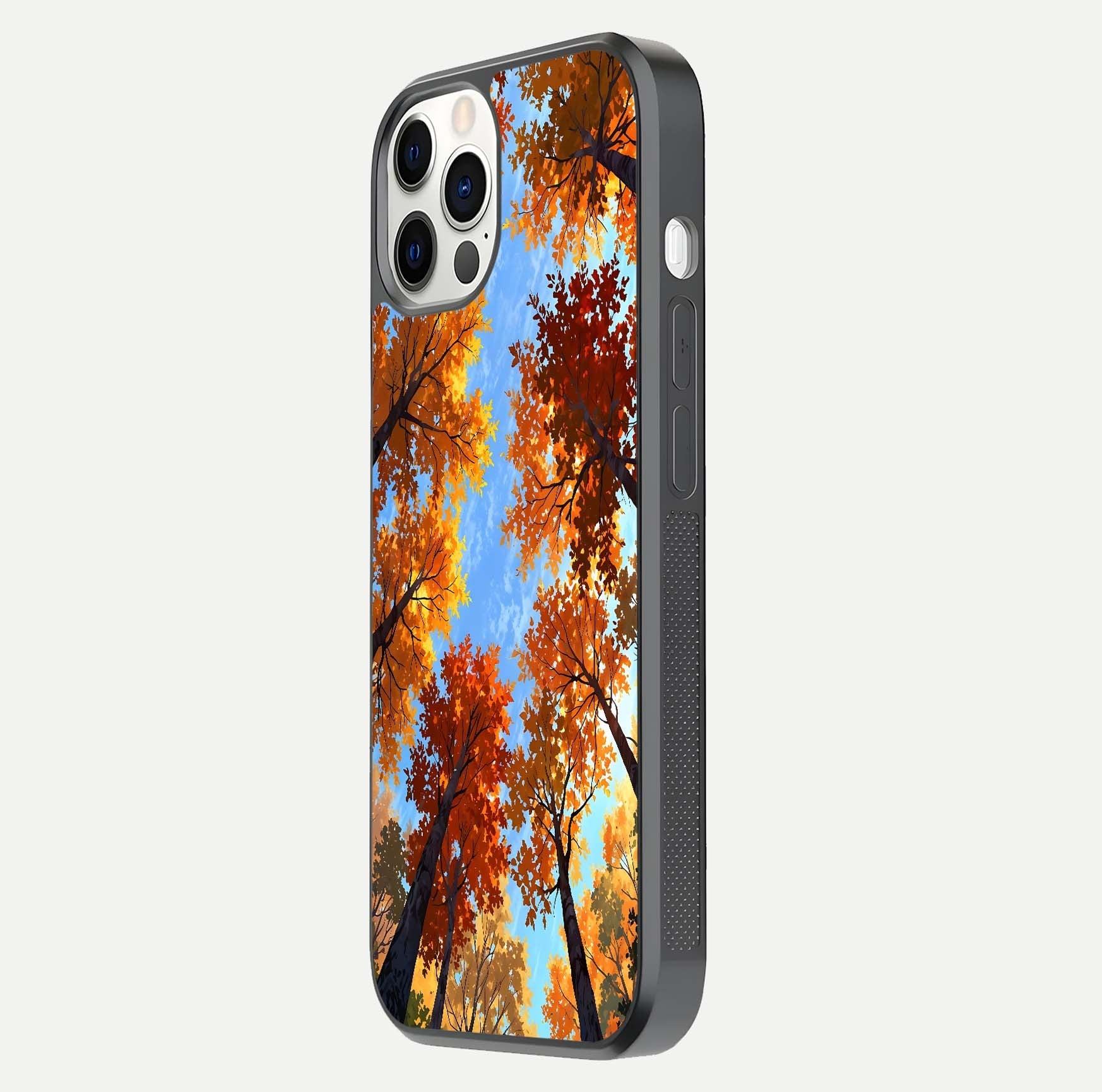 Autumn Sky Rise Glass Case for iPhone 16 Pro side-angle showing autumn art tones and protective corners