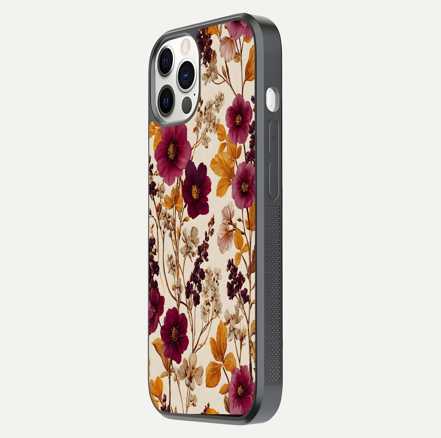 Autumn Wine Bloom Glass Case for iPhone 12 Pro side-angle showcasing floral design, texture gloss, and camera frame