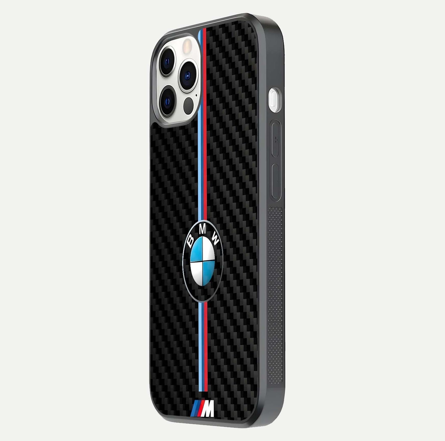 BMW Pattern Glass Case for iPhone 12 Pro side-angle image showing edge finish and luxury car-inspired shine