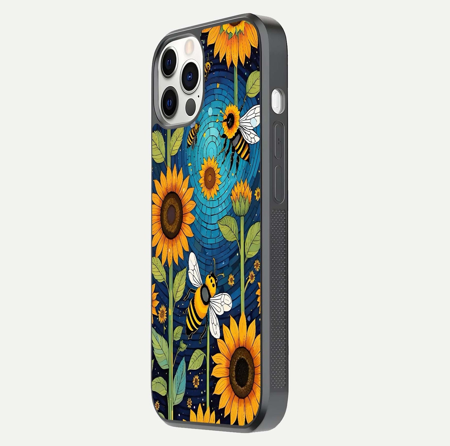 Bees & Sunflowers Glass Case for iPhone 12 Pro side-angle image showing bee pattern alignment and shiny protective surface