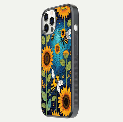 Bees & Sunflowers Glass Case for iPhone 12 Pro side-angle image showing bee pattern alignment and shiny protective surface