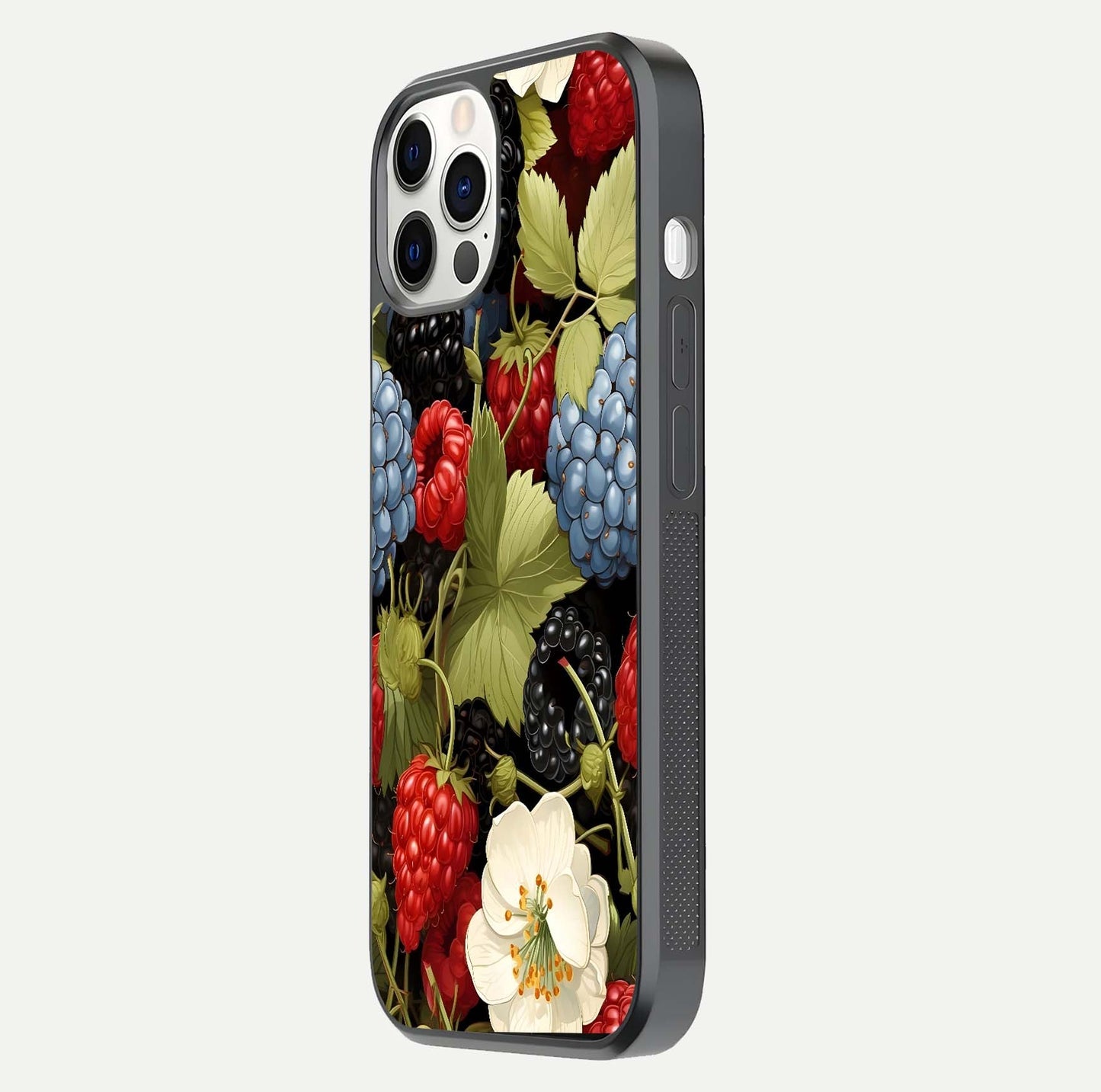 Berry Bloom Charm Glass Case for iPhone 12 Pro side-angle image showing floral texture and high-definition print gloss