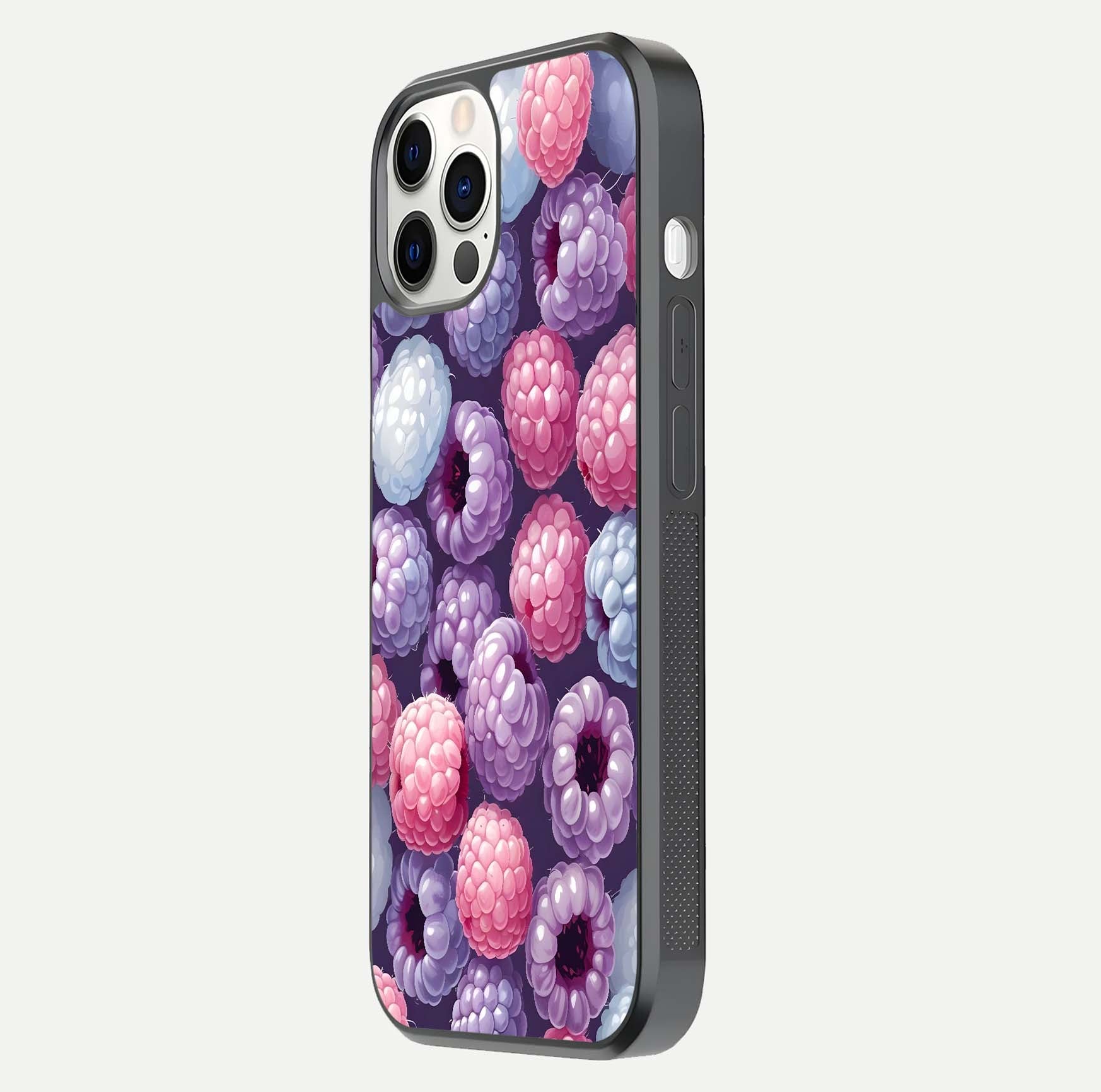 Berry Candy Pop Glass Case for iPhone 12 Pro side-angle image with bright color tones and smooth reflection