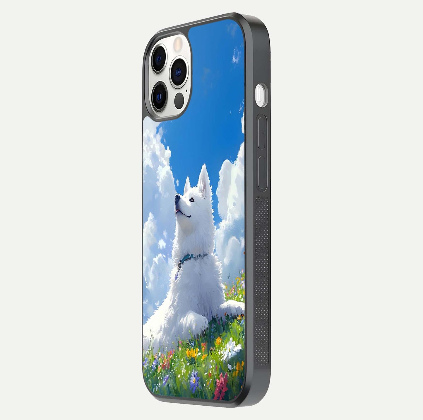 Blissful Cloud Pup Glass Case for iPhone 16 Pro side-angle shot displaying puppy print and glossy texture