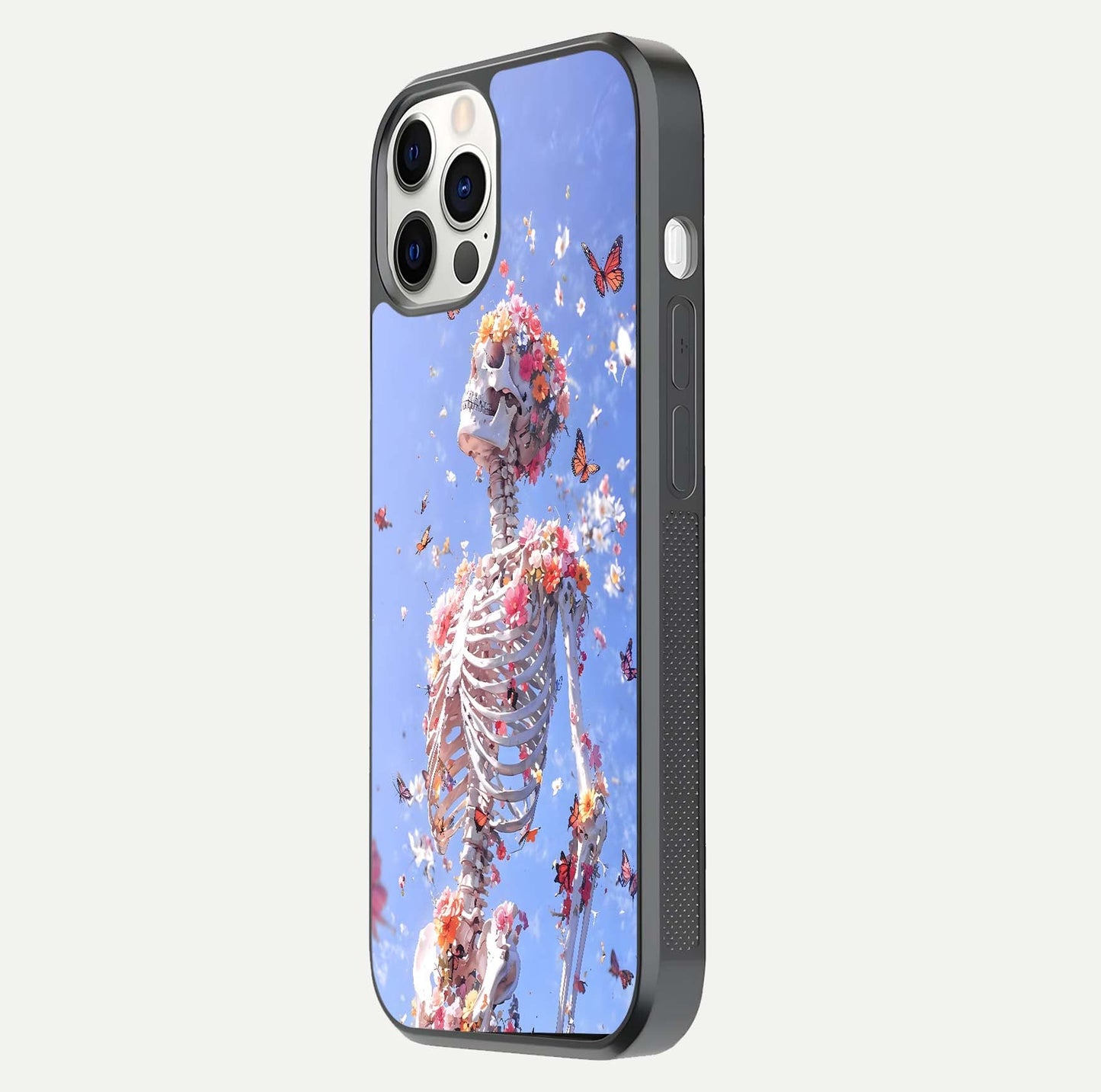 Bloom Beyond Bones Glass Case for iPhone 12 Pro side-angle image highlighting print precision and gloss finish