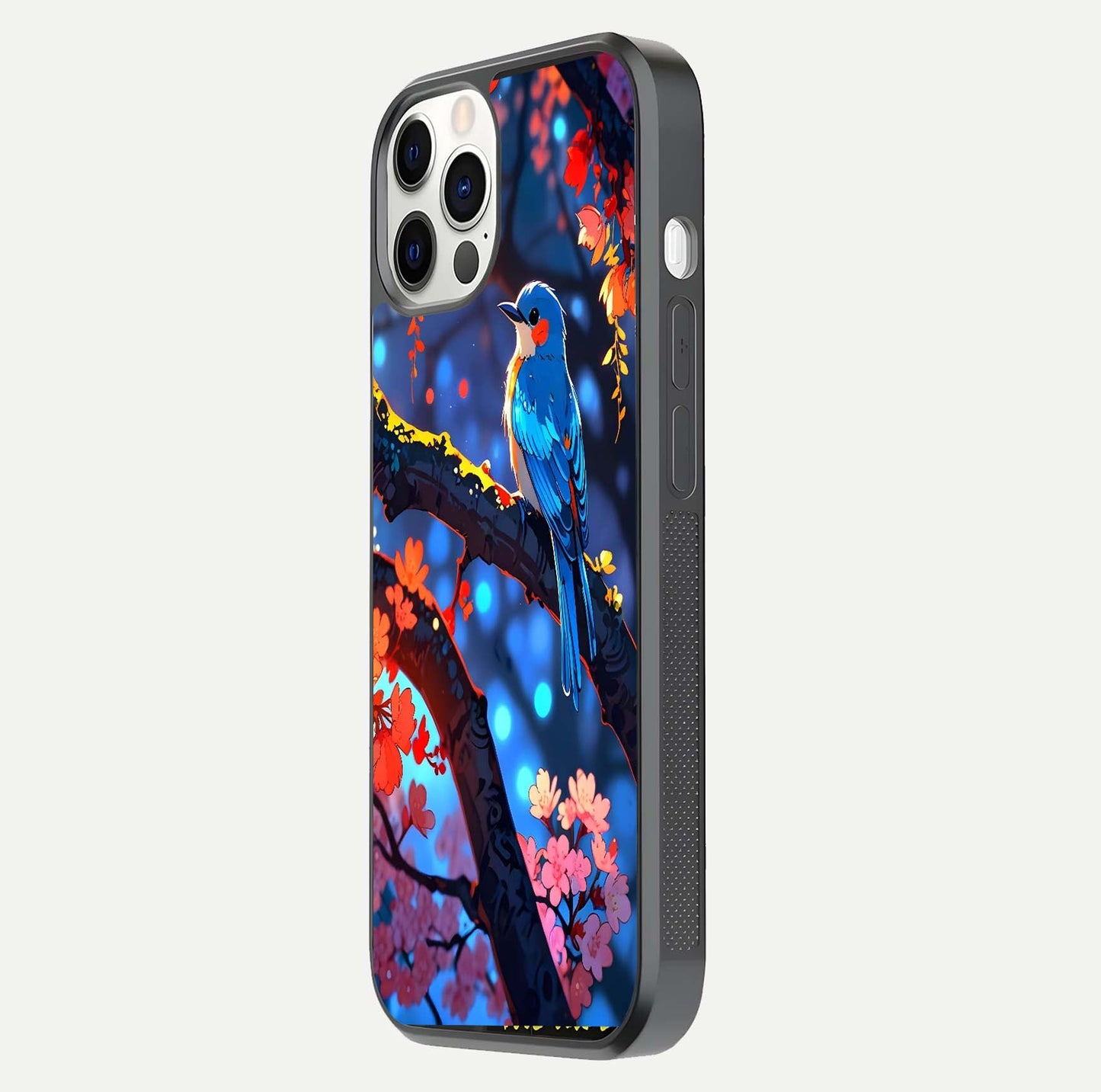 Blooming Spendor Bird Glass Case for iPhone 12 Pro side-angle photo showing floral wings and reflection finish