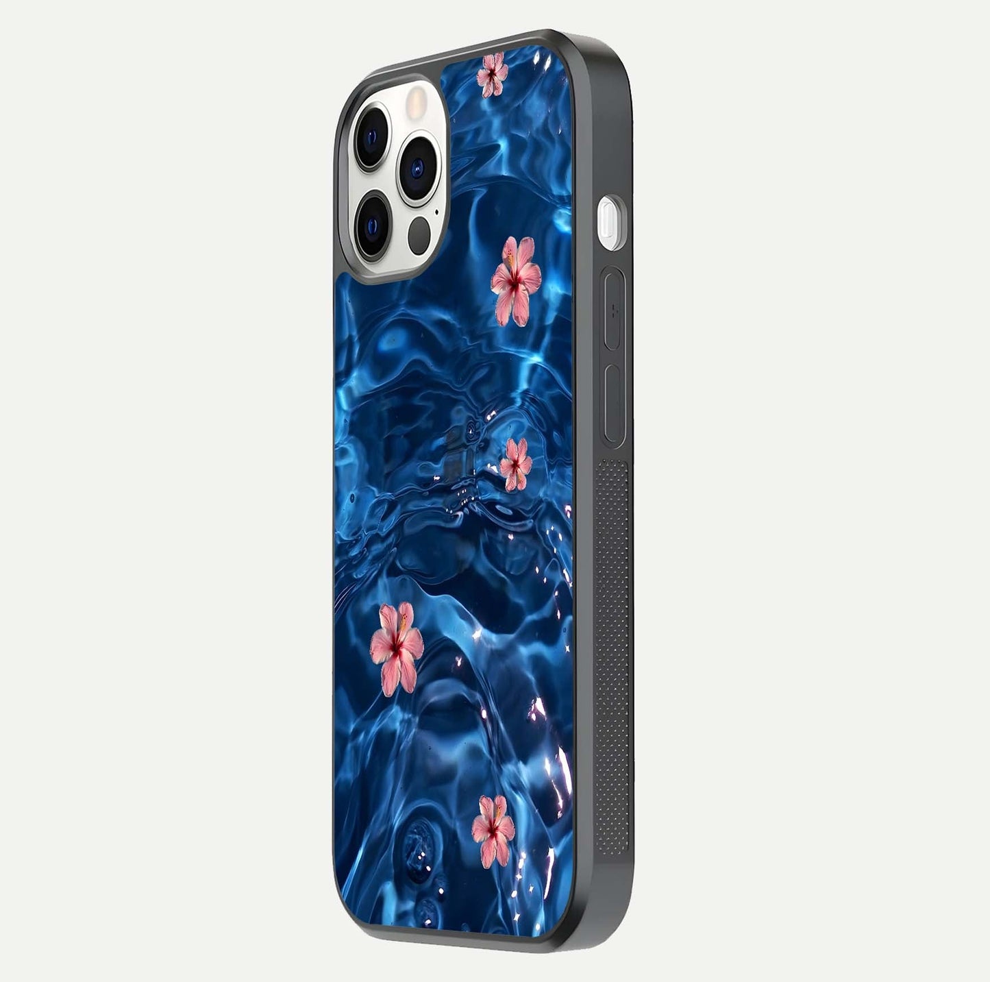 Blooming Water Drift Glass Case for iPhone 12 Pro side-angle image showcasing blossom flow, curved corners, and HD glass gloss