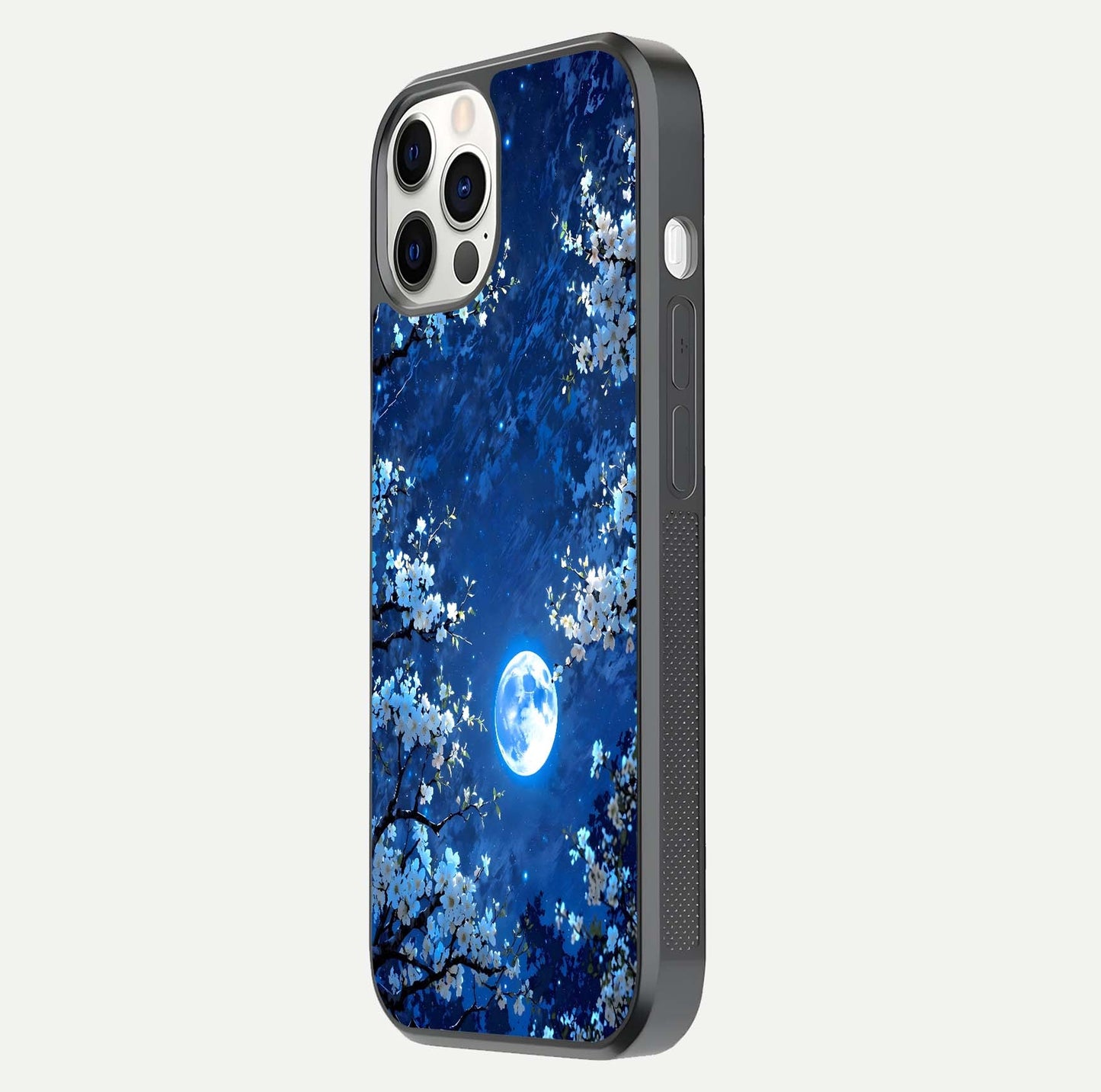Blossom Moonlight Sky Glass Case for iPhone 12 Pro side-angle view emphasizing moonlight tones and protective edge