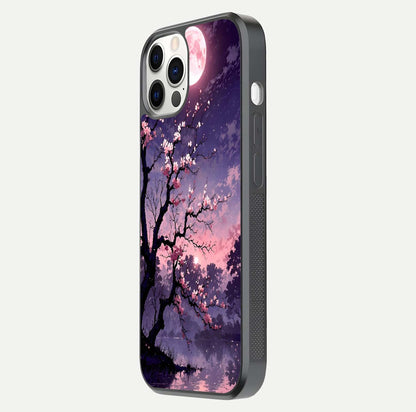 Blossom Pink Moon Glass Case for iPhone 12 Pro side-angle image showing glossy curve and floral-moon balance