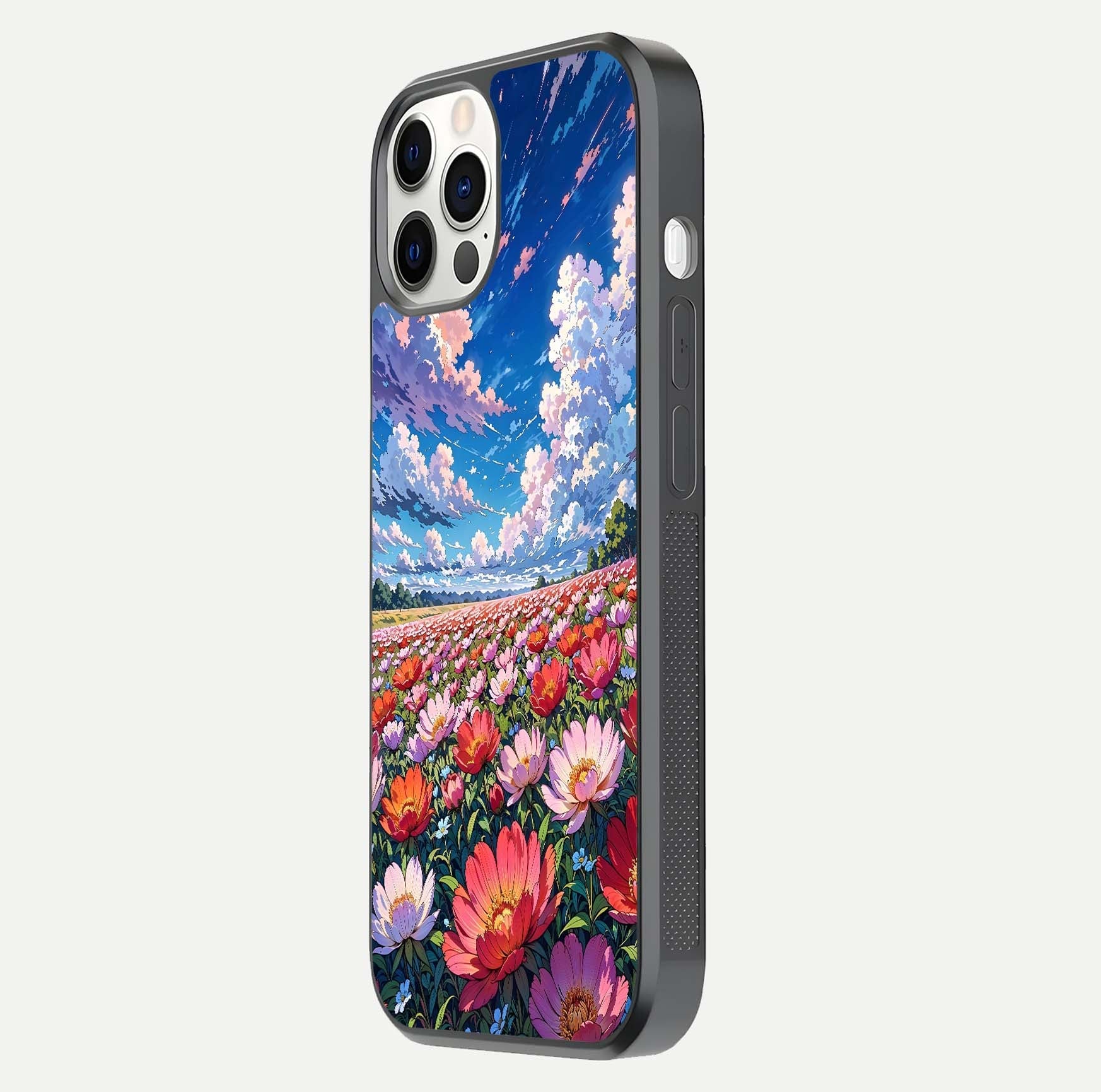 Blossom Sky Field Glass Case for iPhone 12 Pro side-angle showing sky hues, blossom texture, and reflective shine