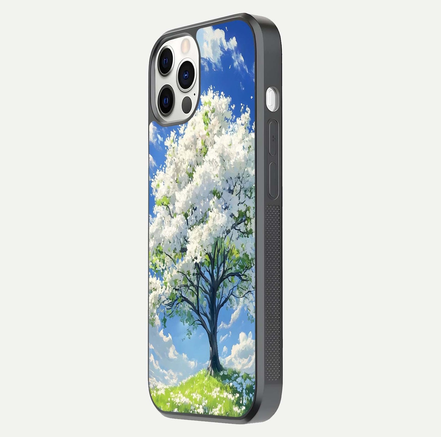 Blossom Sky Serenity Glass Case for iPhone 12 Pro side-angle image showing elegant edge flow and light reflection