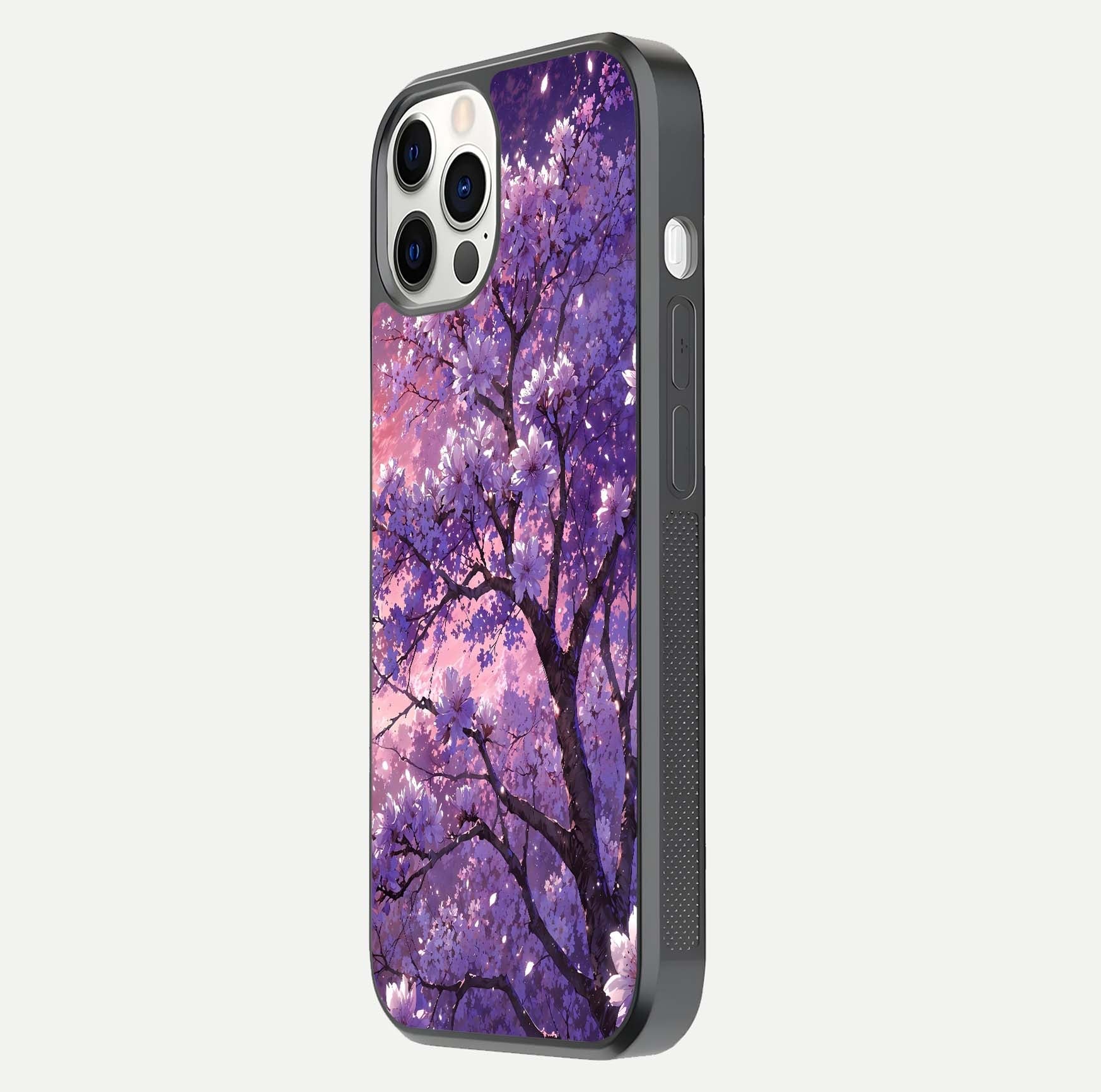 Blossom Tree Glass Case for iPhone 12 Pro side-angle image showing floral tree artwork and reflection gloss