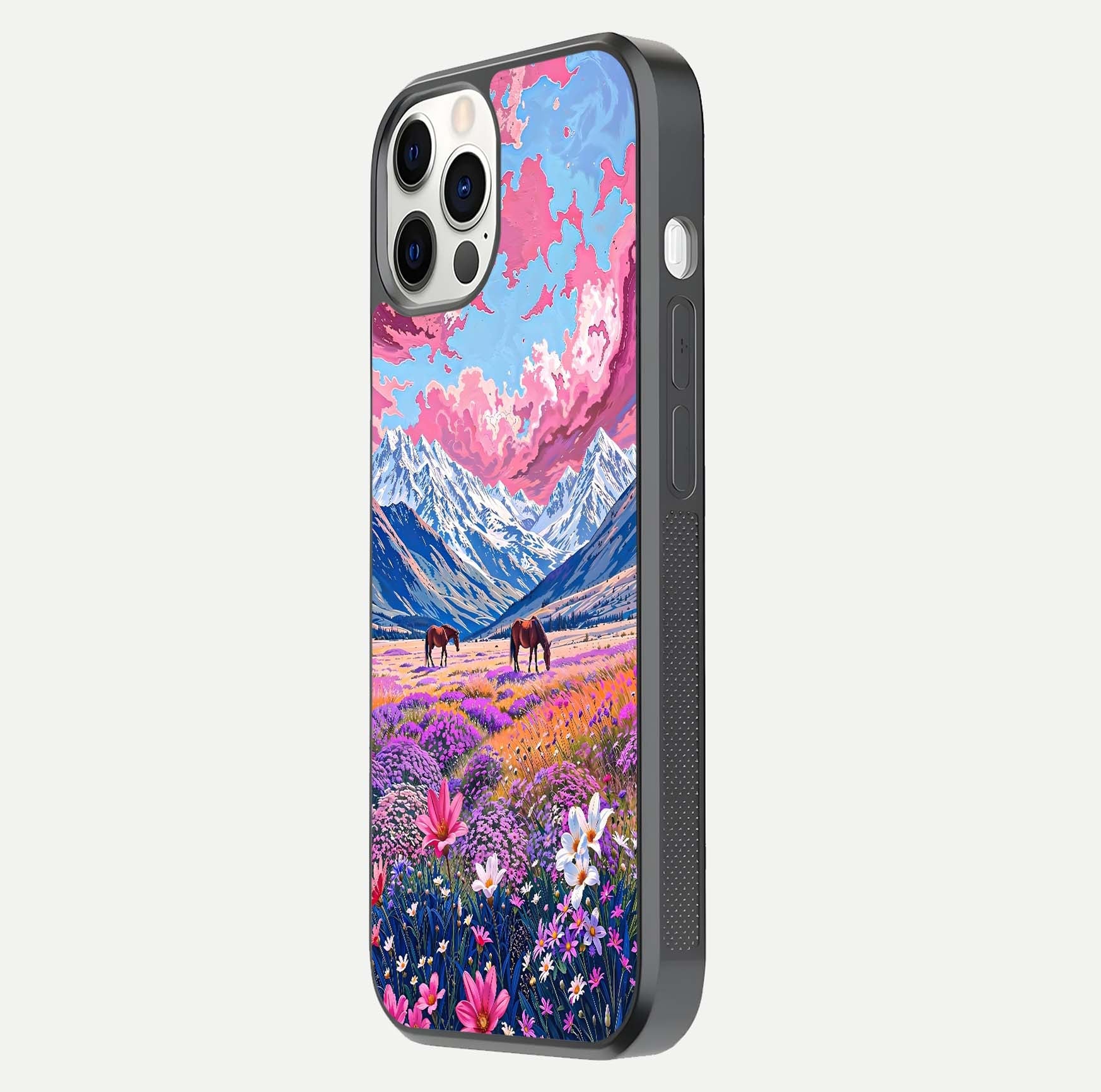 Blossom Valley Dream Glass Case for iPhone 12 Pro side-angle shot showcasing bloom tones and gloss texture