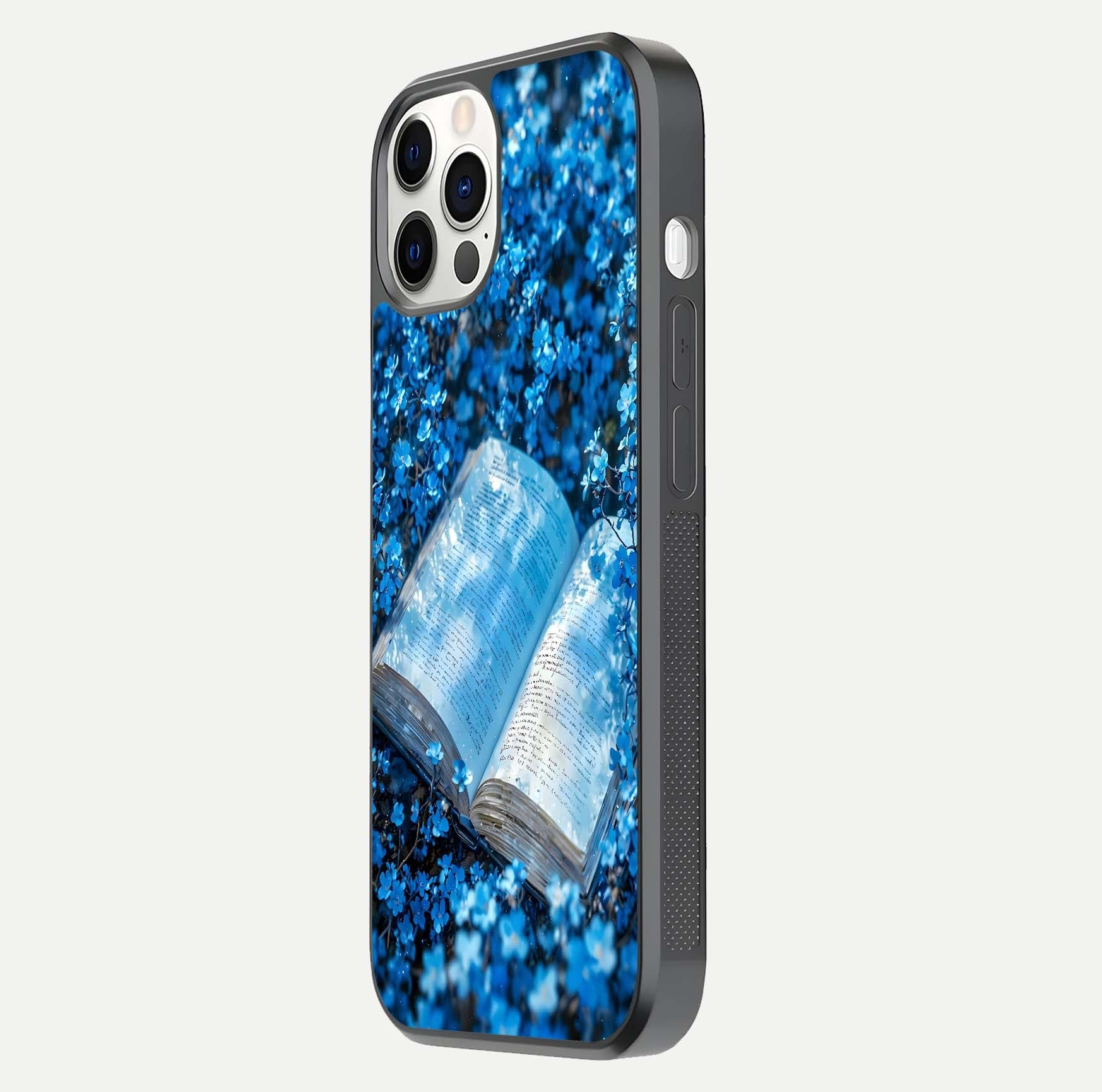 Blue Bloom Tales Glass Case for iPhone 12 Pro side-angle image showing blue floral pattern and glossy finish