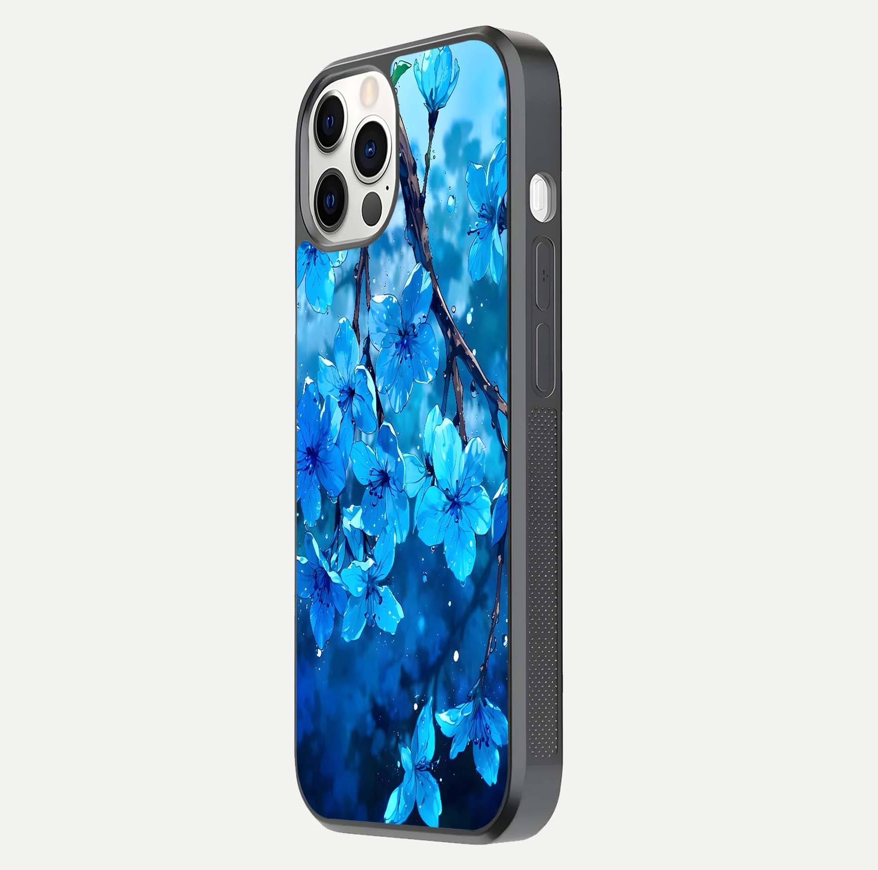 Blue Blossoms Branch Glass Case for iPhone 12 Pro side-angle image showing blossom pattern flow and glossy texture