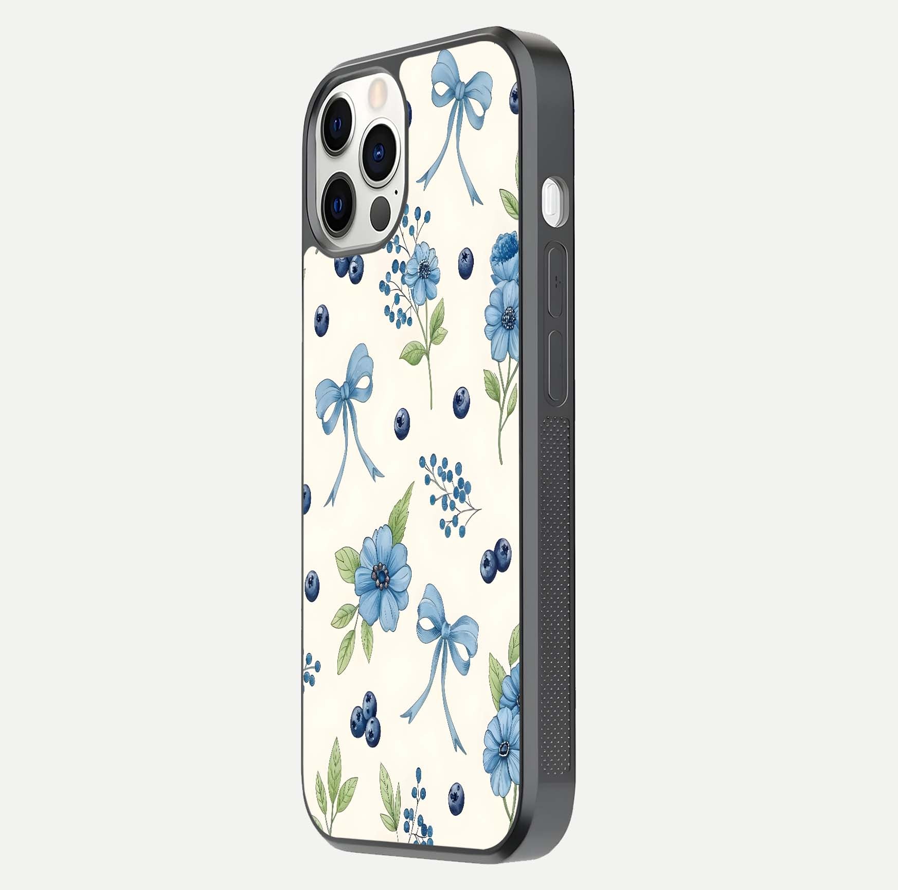 Blue Flower & Bow Glass Case for iPhone 12 Pro side-angle image showing bow-floral mix and HD finish shine