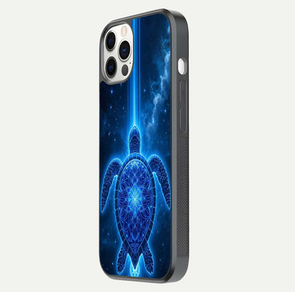 Blue Galaxy Turtle Glass Case for iPhone 12 Pro side-angle photo capturing galaxy shine and smooth edge design