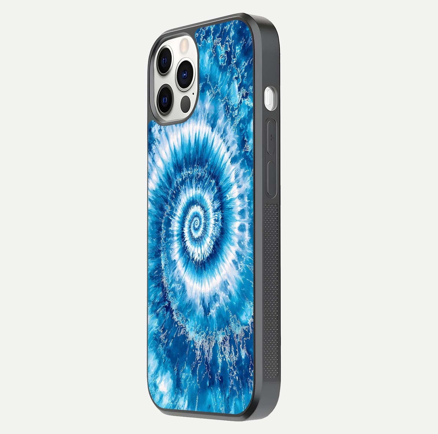 Blue Galaxy Wave Glass Case for iPhone 12 Pro side-angle image showing wave ripple art and glass gloss
