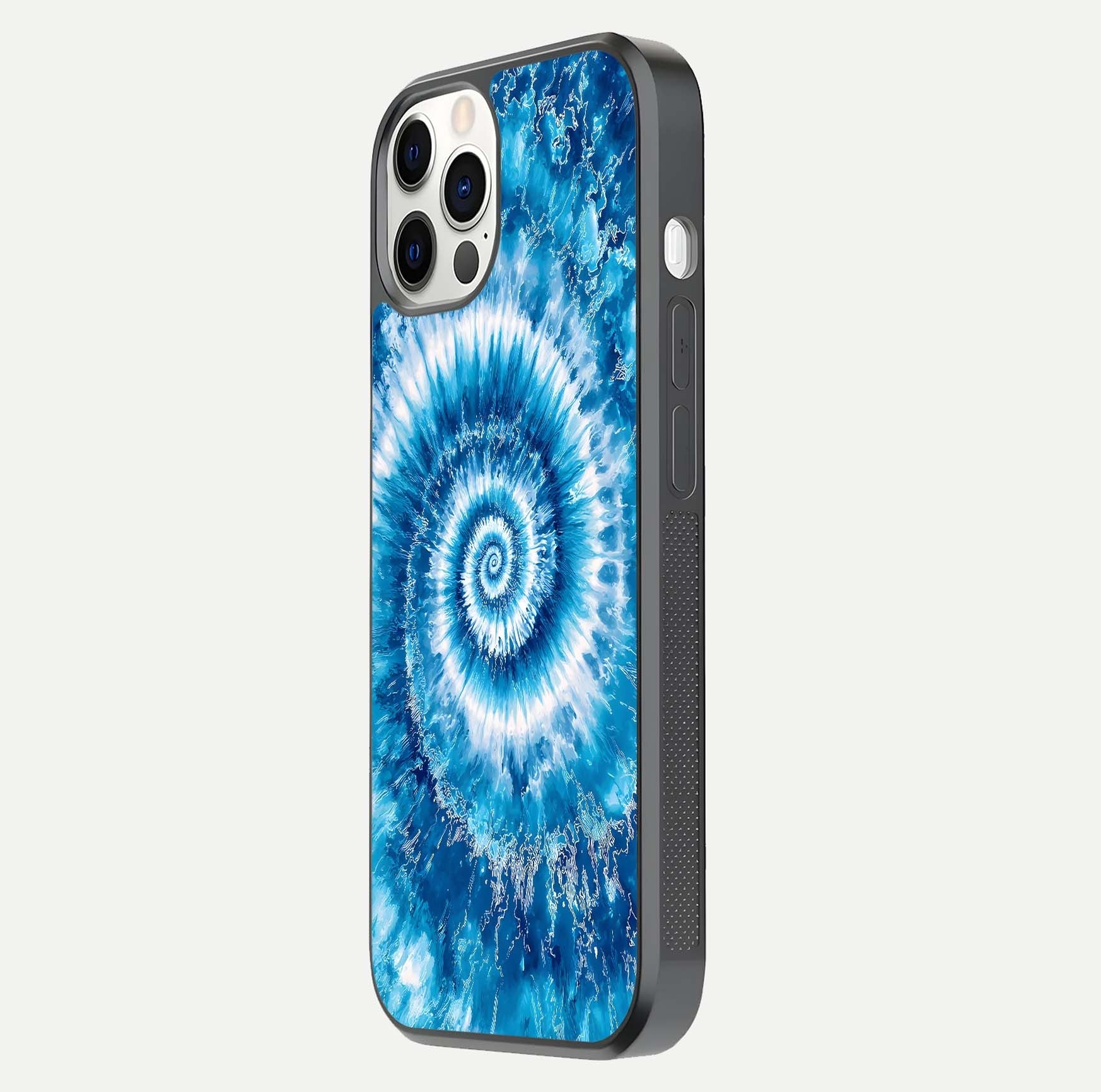 Blue Galaxy Wave Glass Case for iPhone 12 Pro side-angle image showing wave ripple art and glass gloss
