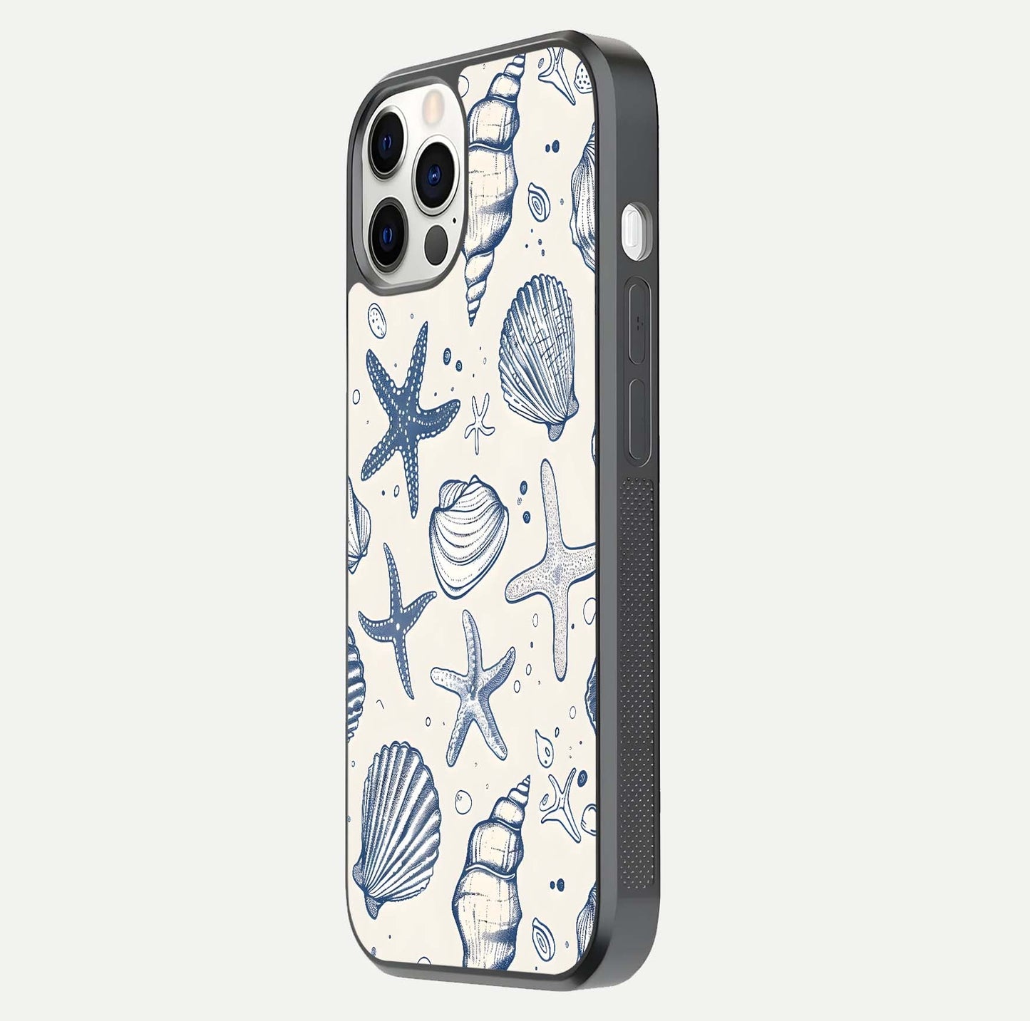 Blue Ocean Outline Glass Case for iPhone 12 Pro side-angle view showing clear edge lines and oceanic blue glow